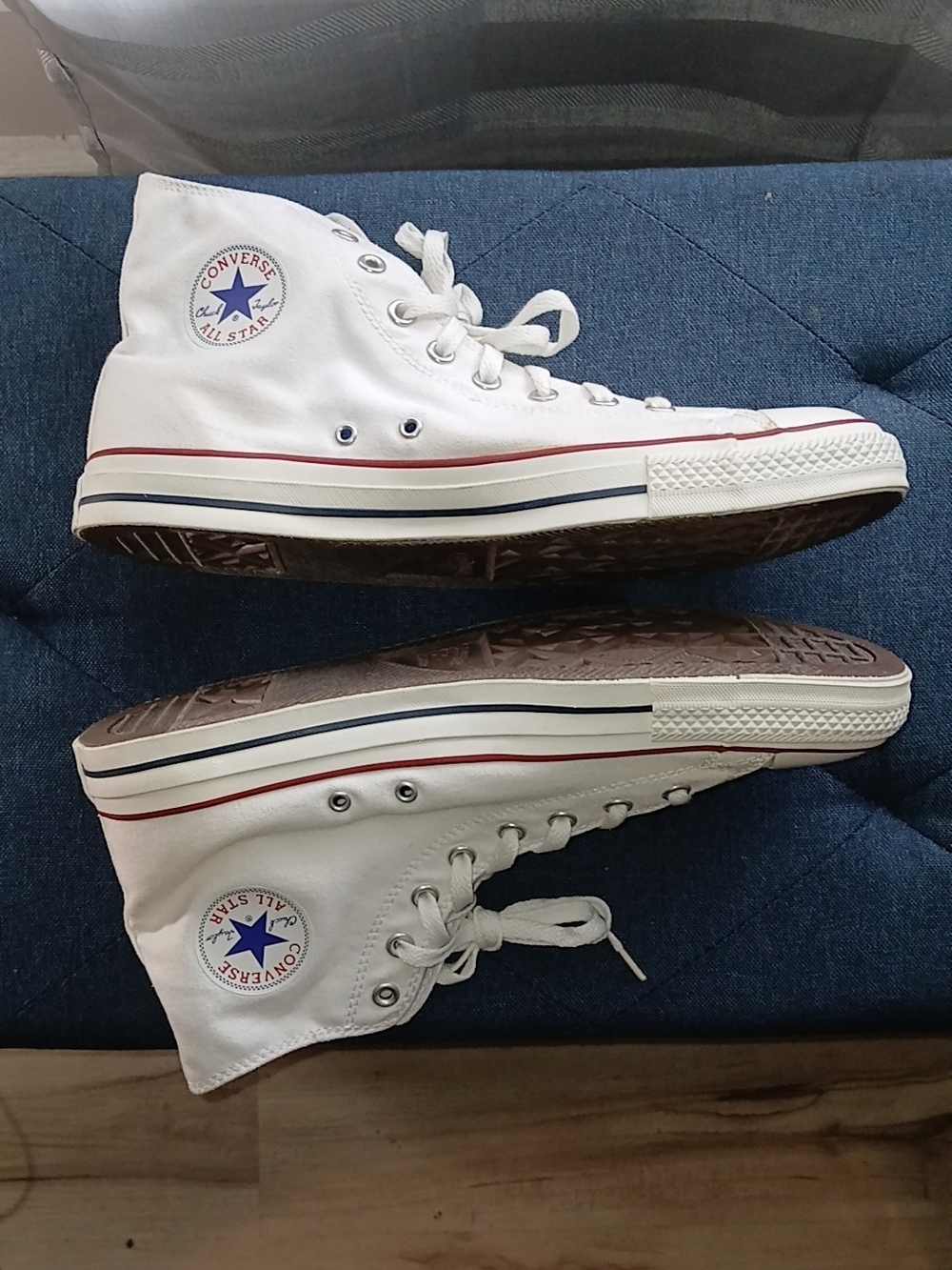 Converse K White High-Top Sneakers with Red & Blue Stripe